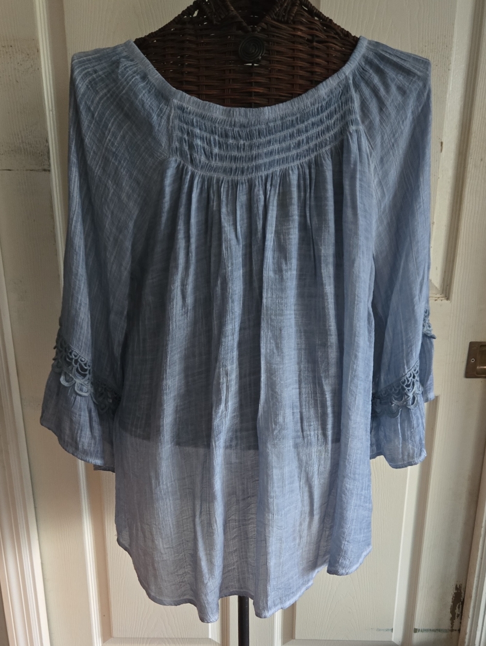 Spense Light Blue Peasant Tunic with Crochet Sleeve Detail-Size XL